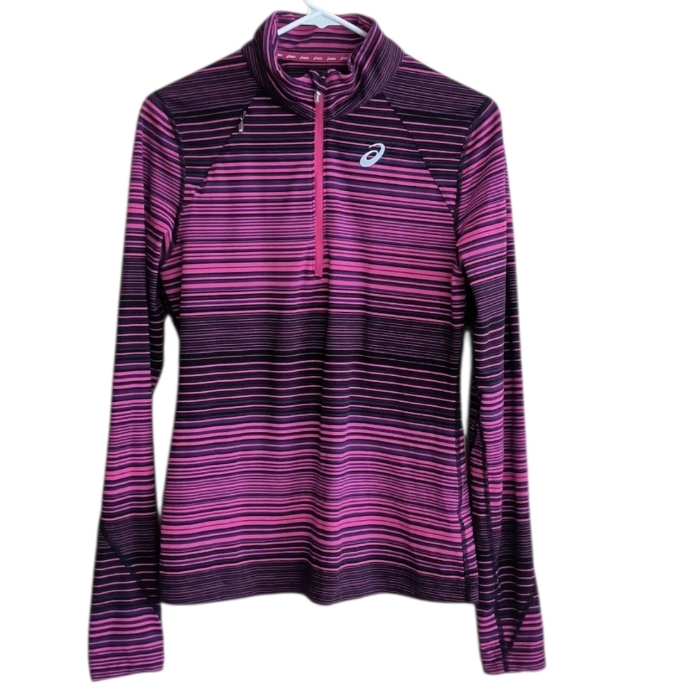 Asics Vibrant Pink Purple and Black Striped Long Sleeve Shirt Size M